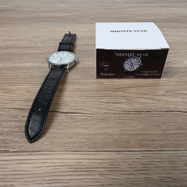 MIDNITE STAR Men's Classic Minimalist Black Leather Strap Watches with Japanese Quartz Movement