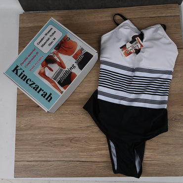 Kinczarah Women's Striped One-Piece Swimsuit Classic Black & White High-Waisted Bathing Suit for Beach & Pool