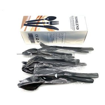 TOMLEND Plastic cutlery, namely, knives, forks, and spoons Black Plastic Disposable Cutlery Individually Wrapped Knives Forks And Spoons For Parties And Takeout