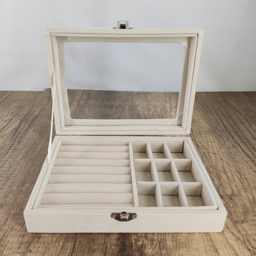 JGVG Fashion Minimalist Jewelry Box - Large Capacity, Multi-Compartment, Velvety Finish,Off-white