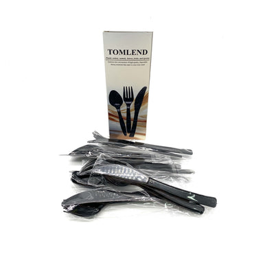 TOMLEND Plastic cutlery, namely, knives, forks, and spoons Black Plastic Disposable Cutlery Individually Wrapped Knives Forks And Spoons For Parties And Takeout