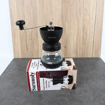 Saronoly Manual Coffee Grinder Hand-Operated Ceramic Burr Mill with Stainless Steel & Glass Construction