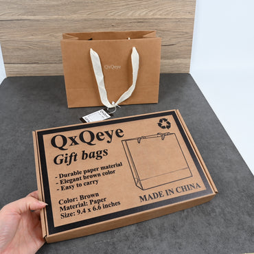 QxQeye Elegant Brown Paper Gift Bags Durable Kraft Gift Bags with Handles for Parties, Birthdays & Holidays
