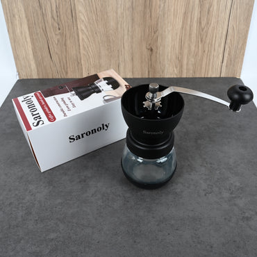 Saronoly Manual Coffee Grinder Hand-Operated Ceramic Burr Mill with Stainless Steel & Glass Construction