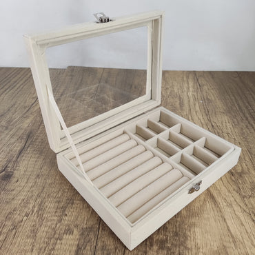JGVG Fashion Minimalist Jewelry Box - Large Capacity, Multi-Compartment, Velvety Finish,Off-white