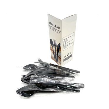 TOMLEND Plastic cutlery, namely, knives, forks, and spoons Black Plastic Disposable Cutlery Individually Wrapped Knives Forks And Spoons For Parties And Takeout