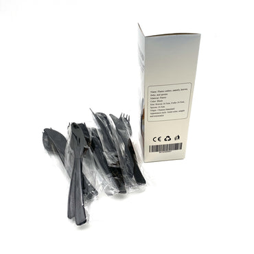 TOMLEND Plastic cutlery, namely, knives, forks, and spoons Black Plastic Disposable Cutlery Individually Wrapped Knives Forks And Spoons For Parties And Takeout