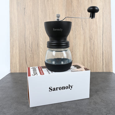 Saronoly Manual Coffee Grinder Hand-Operated Ceramic Burr Mill with Stainless Steel & Glass Construction
