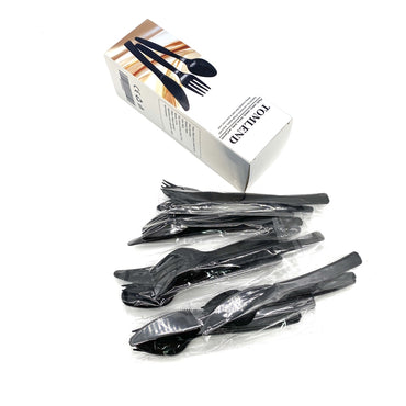 TOMLEND Plastic cutlery, namely, knives, forks, and spoons Black Plastic Disposable Cutlery Individually Wrapped Knives Forks And Spoons For Parties And Takeout