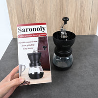 Saronoly Manual Coffee Grinder Hand-Operated Ceramic Burr Mill with Stainless Steel & Glass Construction