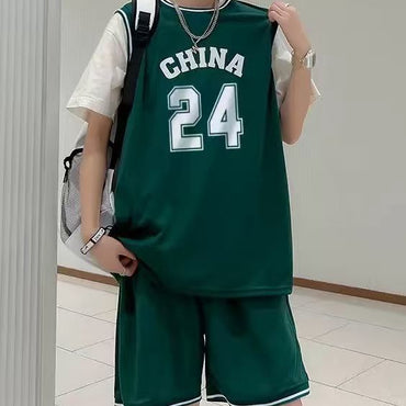 FRAN WILLOR Kids' Green Korean Style Sports Jerseys Set Children's Summer Casual Sports Jerseys with Breathable Fabric