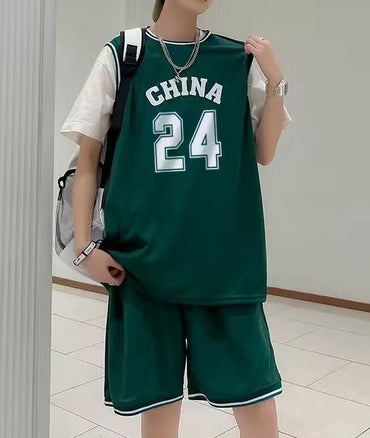 FRAN WILLOR Kids' Green Korean Style Sports Jerseys Set Children's Summer Casual Sports Jerseys with Breathable Fabric