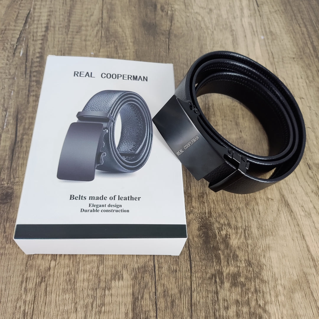 REAL COOPERMAN Stylish Black Square Buckle Belt - Durable Leather for Casual and Wear