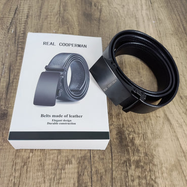REAL COOPERMAN Stylish Black Square Buckle Belt - Durable Leather for Casual and Wear