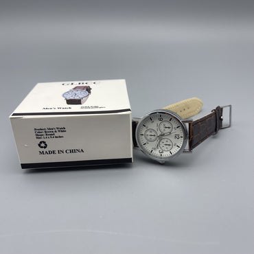 GLBCC Luminous Blue Glass Men's Watch with Brown Leather Strap - White Dial