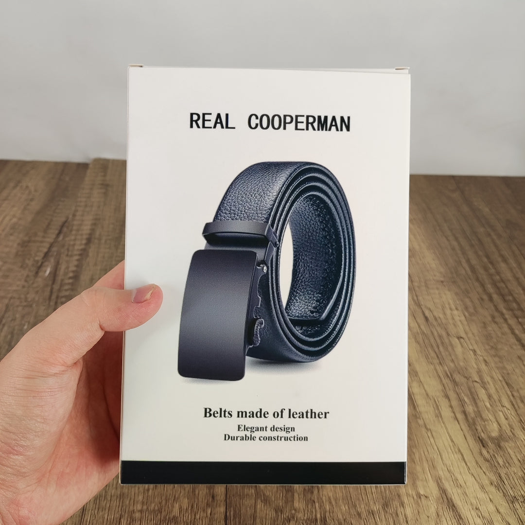 REAL COOPERMAN Stylish Black Square Buckle Belt - Durable Leather for Casual and Wear