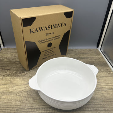 KAWASIMAYA Ceramic Soup Bowls, 10.5-inch White Large Serving Dish with Handles, Modern Dining Cookware