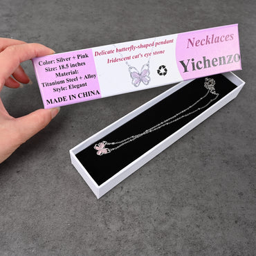 Yichenzo Cat's Eye Stone Butterfly Necklace Silver Tone Pendant for Women Casual Formal
