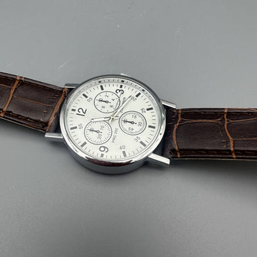 NEONWORKS Classic Men's Analog Wrist Watches - White Dial Brown Leather Band