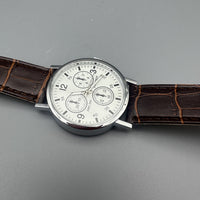 NEONWORKS Classic Men's Analog Wrist Watches - White Dial Brown Leather Band