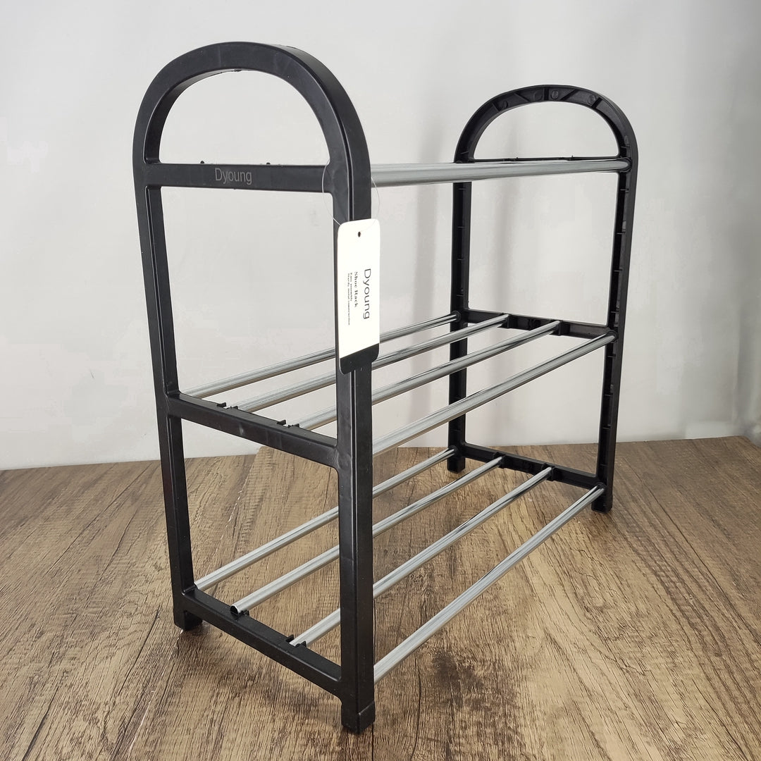 Dyoung Black Shoe Rack - Durable Plastic and Alloy Steel Shoe Organizer (15.7 x 7.4 x 15.7 inches) - Space-Saving Modern Design