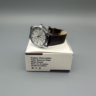 NEONWORKS Classic Men's Analog Wrist Watches - White Dial Brown Leather Band