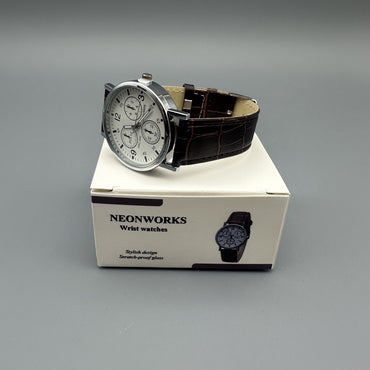 NEONWORKS Classic Men's Analog Wrist Watches - White Dial Brown Leather Band