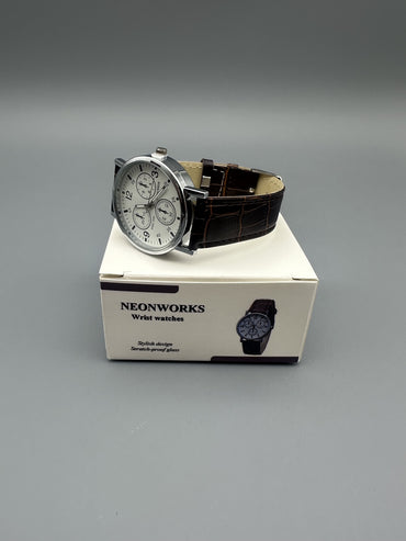 NEONWORKS Classic Men's Analog Wrist Watches - White Dial Brown Leather Band