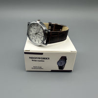NEONWORKS Classic Men's Analog Wrist Watches - White Dial Brown Leather Band