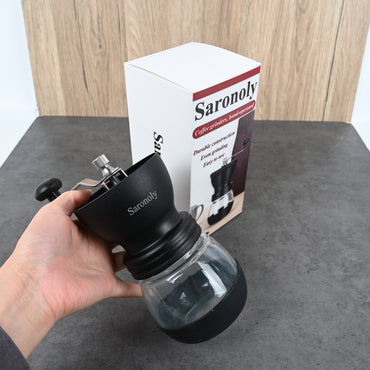 Saronoly Manual Coffee Grinder Hand-Operated Ceramic Burr Mill with Stainless Steel & Glass Construction