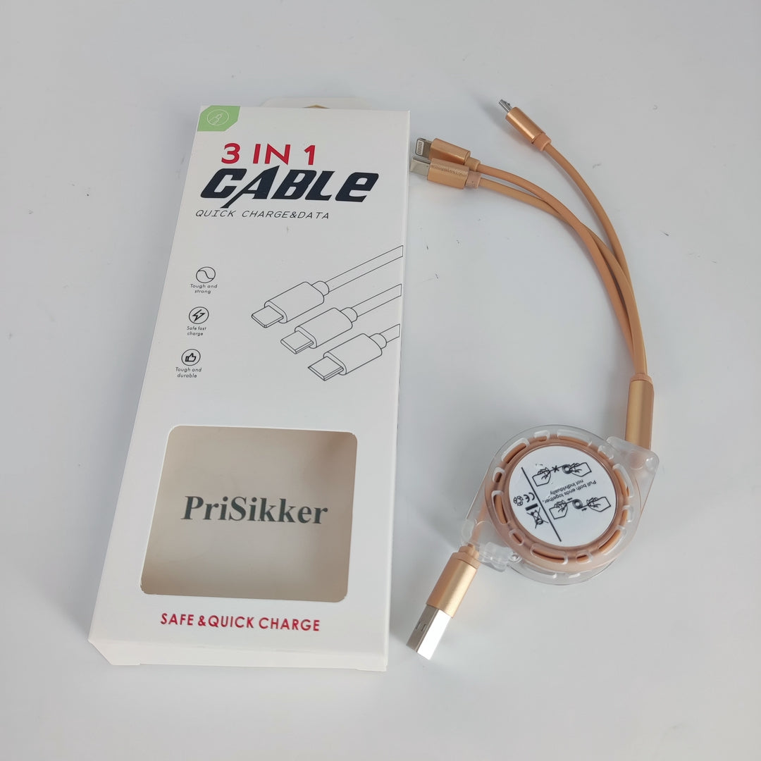 PriSikker Luxury Gold Retractable 3-in-1 Charging Cable - High-Quality, Versatile, and Portable