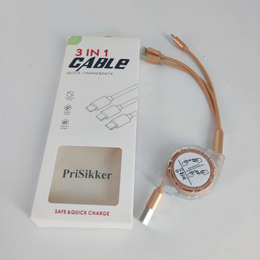 PriSikker Luxury Gold Retractable 3-in-1 Charging Cable - High-Quality, Versatile, and Portable