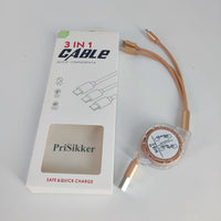 PriSikker Luxury Gold Retractable 3-in-1 Charging Cable - High-Quality, Versatile, and Portable