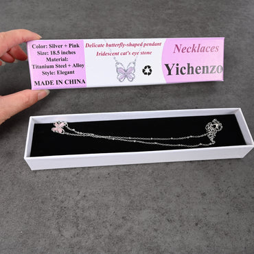 Yichenzo Cat's Eye Stone Butterfly Necklace Silver Tone Pendant for Women Casual Formal