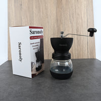 Saronoly Manual Coffee Grinder Hand-Operated Ceramic Burr Mill with Stainless Steel & Glass Construction