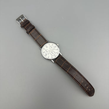 NEONWORKS Classic Men's Analog Wrist Watches - White Dial Brown Leather Band