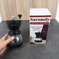 Saronoly Manual Coffee Grinder Hand-Operated Ceramic Burr Mill with Stainless Steel & Glass Construction