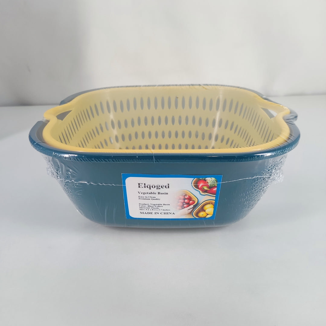 Elqoged Double Layer Kitchen Vegetable Washing Basin Draining Basket - Blue, Medium Size for Efficient Rinsing and Easy Maneuverability
