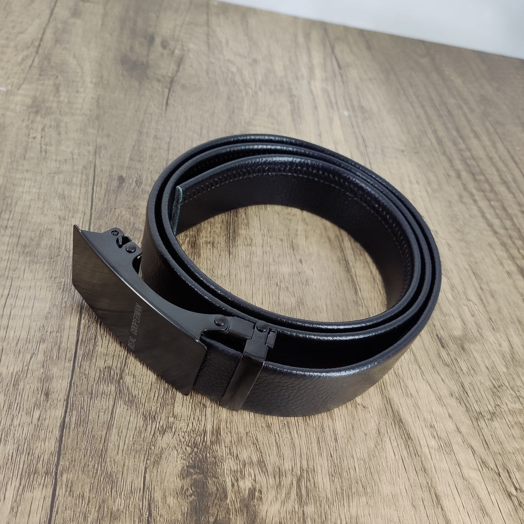 REAL COOPERMAN Stylish Black Square Buckle Belt - Durable Leather for Casual and Wear