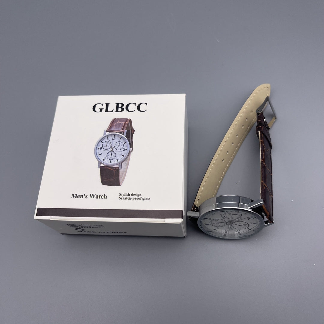 GLBCC Luminous Blue Glass Men's Watch with Brown Leather Strap - White Dial