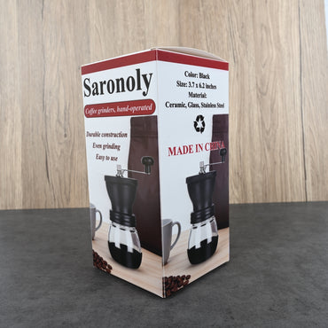 Saronoly Manual Coffee Grinder Hand-Operated Ceramic Burr Mill with Stainless Steel & Glass Construction