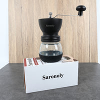 Saronoly Manual Coffee Grinder Hand-Operated Ceramic Burr Mill with Stainless Steel & Glass Construction