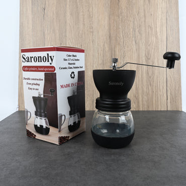 Saronoly Manual Coffee Grinder Hand-Operated Ceramic Burr Mill with Stainless Steel & Glass Construction