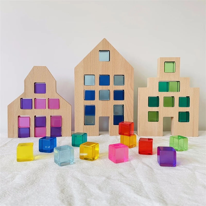 New Arrival Wood Houses Lucite Cubes Blocks Rainbow Acrylic Building Blocks